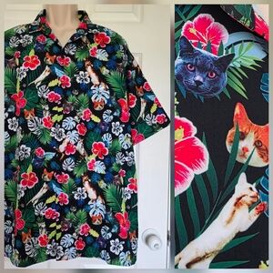Funny Guy Creation Hawaiian Novelty Cat Print Button Up Short Sleeve Size XXL